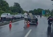 Carro cruza pista e capota em trecho da BR-230, em João Pessoa